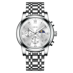 Silver wristwatch with detailed face on a white background