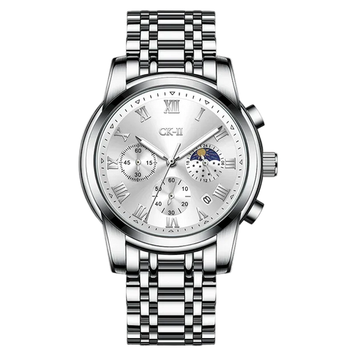 Silver wristwatch with detailed face on a white background