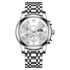 Silver wristwatch with detailed face on a white background