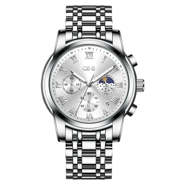 Silver wristwatch with detailed face on a white background