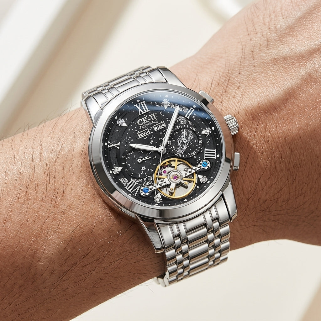 Silver wristwatch with detailed face on a wrist against a neutral background