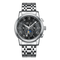 Silver wristwatch with a black dial on a white background