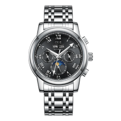 Silver wristwatch with a black dial on a white background