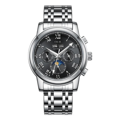 Silver wristwatch with a black dial on a white background