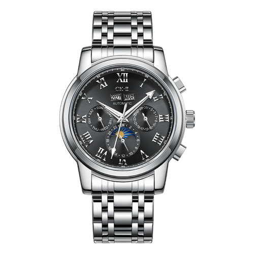 Silver wristwatch with a black dial on a white background