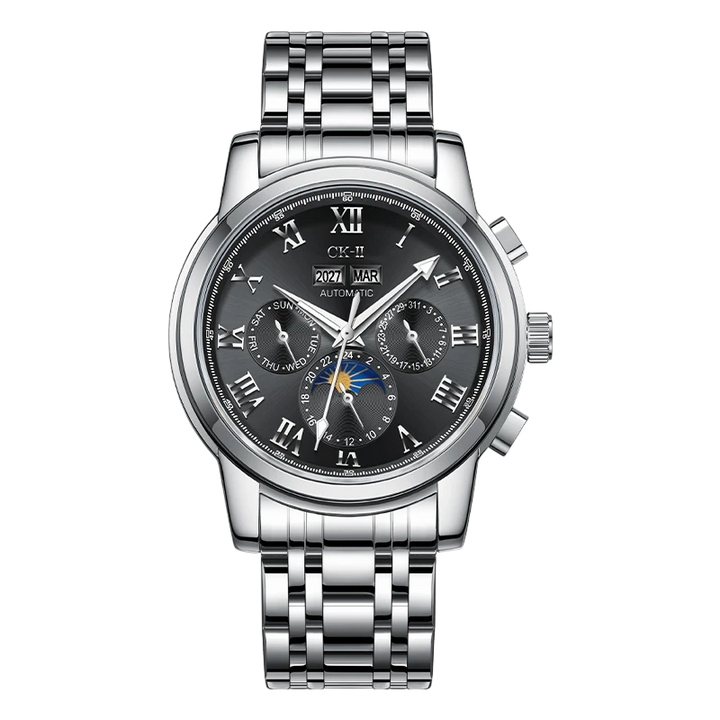 Silver wristwatch with a black dial on a white background