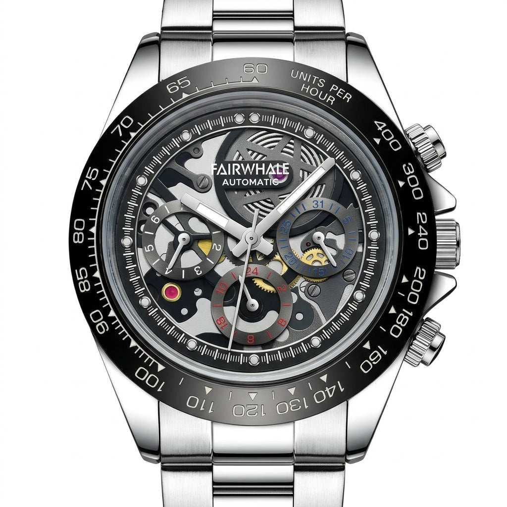 Silver wristwatch with a detailed face on a white background