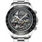Silver wristwatch with a detailed face on a white background