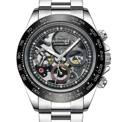 Silver wristwatch with a detailed face on a white background