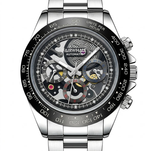 Silver wristwatch with a detailed face on a white background
