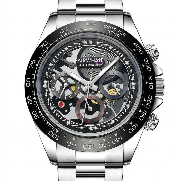 Silver wristwatch with a detailed face on a white background