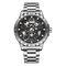 Silver wristwatch with a detailed face on a white background
