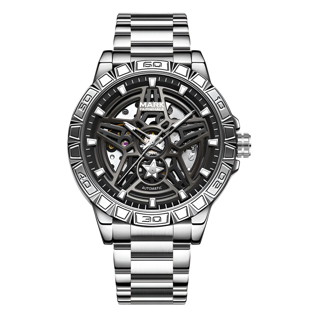 Silver wristwatch with a detailed face on a white background