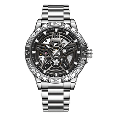 Silver wristwatch with a detailed face on a white background
