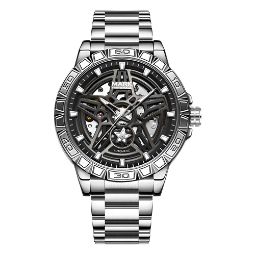 Silver wristwatch with a detailed face on a white background