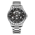 Silver wristwatch with a detailed face on a white background