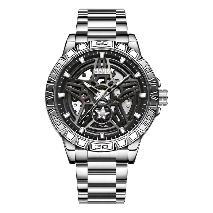 Silver wristwatch with a detailed face on a white background