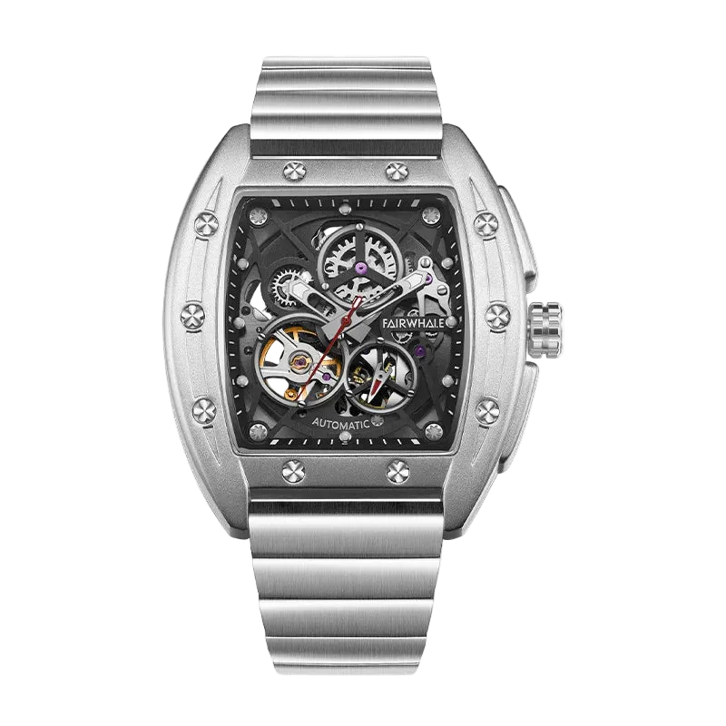 Silver wristwatch with a detailed face on a white background