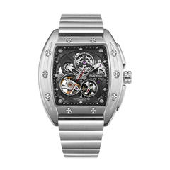 Silver wristwatch with a detailed face on a white background
