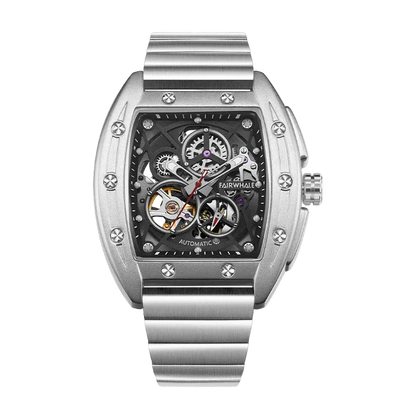 Silver wristwatch with a detailed face on a white background