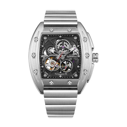 Silver wristwatch with a detailed face on a white background