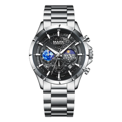 Silver wristwatch with black face on a white background