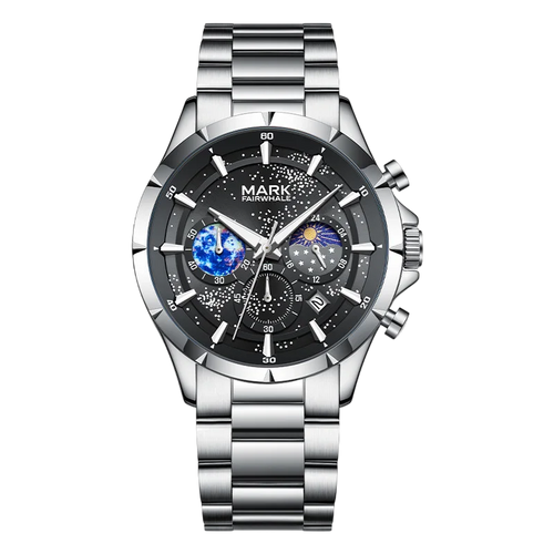 Silver wristwatch with black face on a white background