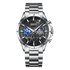 Silver wristwatch with black face on a white background