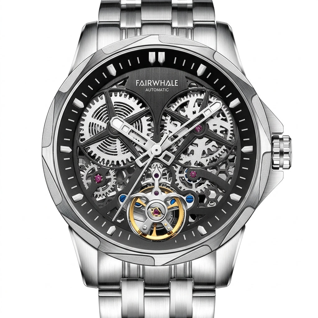 Silver wristwatch with visible mechanical components on a white background