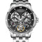 Silver wristwatch with visible mechanical components on a white background
