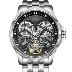 Silver wristwatch with visible mechanical components on a white background