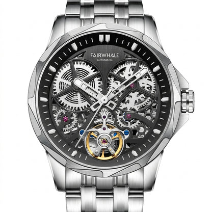 Silver wristwatch with visible mechanical components on a white background