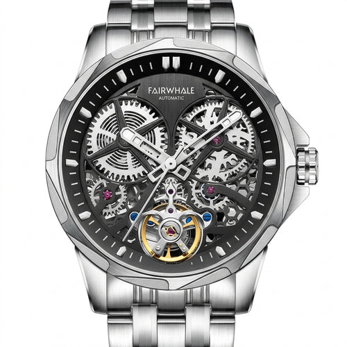 Silver wristwatch with visible mechanical components on a white background