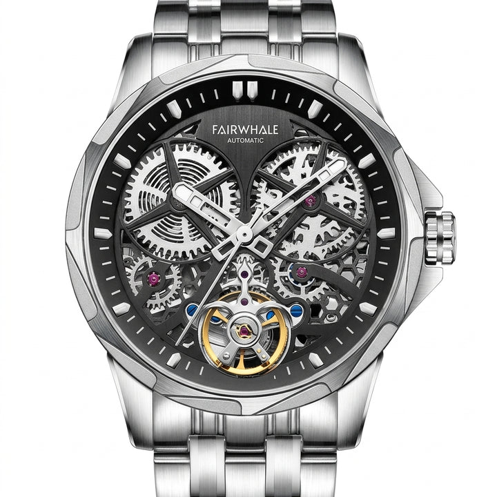 Silver wristwatch with visible mechanical components on a white background
