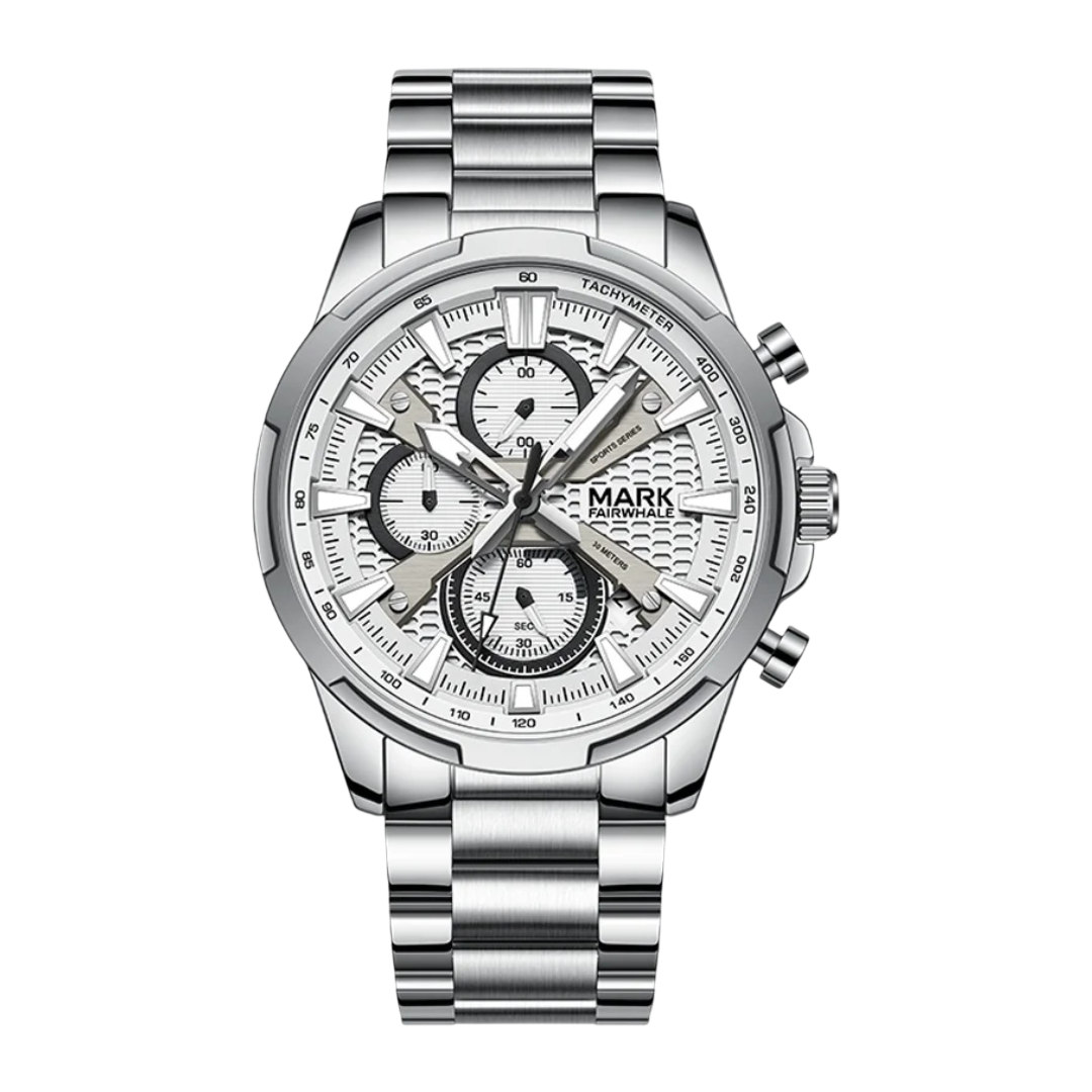 Silver wristwatch with detailed face on a white background