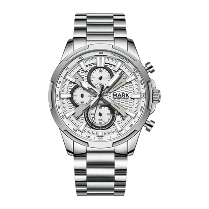 Silver wristwatch with detailed face on a white background