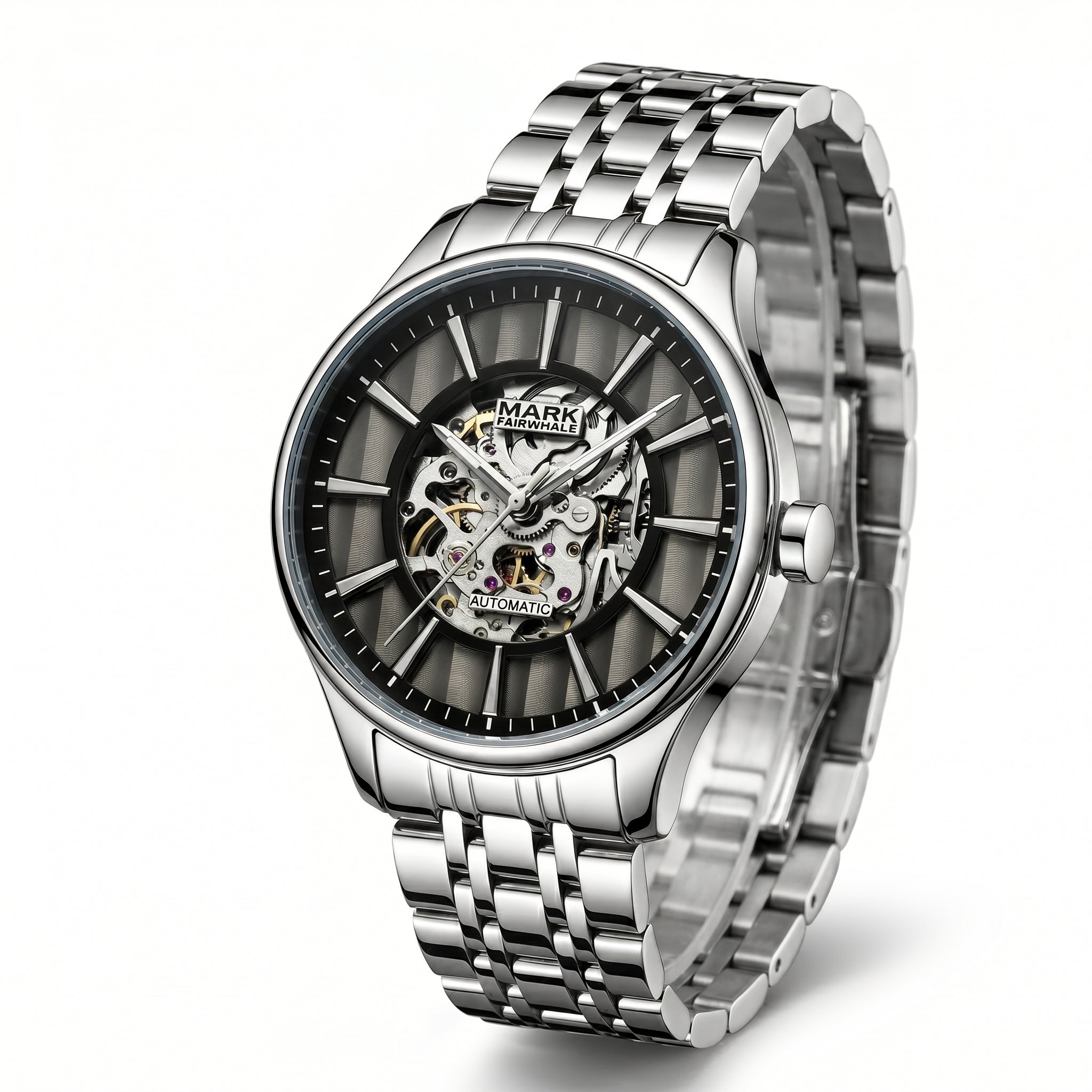 Silver wristwatch with a detailed mechanical face on a white background