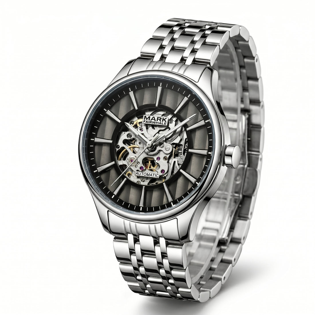 Silver wristwatch with a detailed mechanical face on a white background