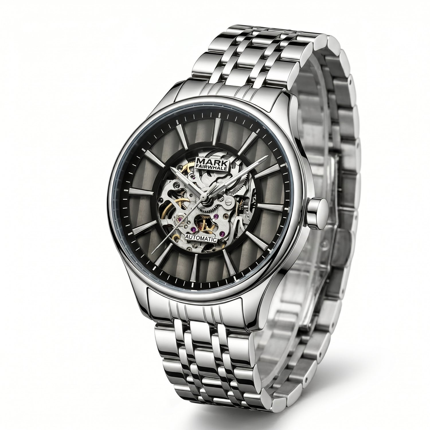 Silver wristwatch with a detailed mechanical face on a white background