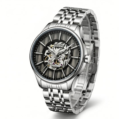 Silver wristwatch with a detailed mechanical face on a white background