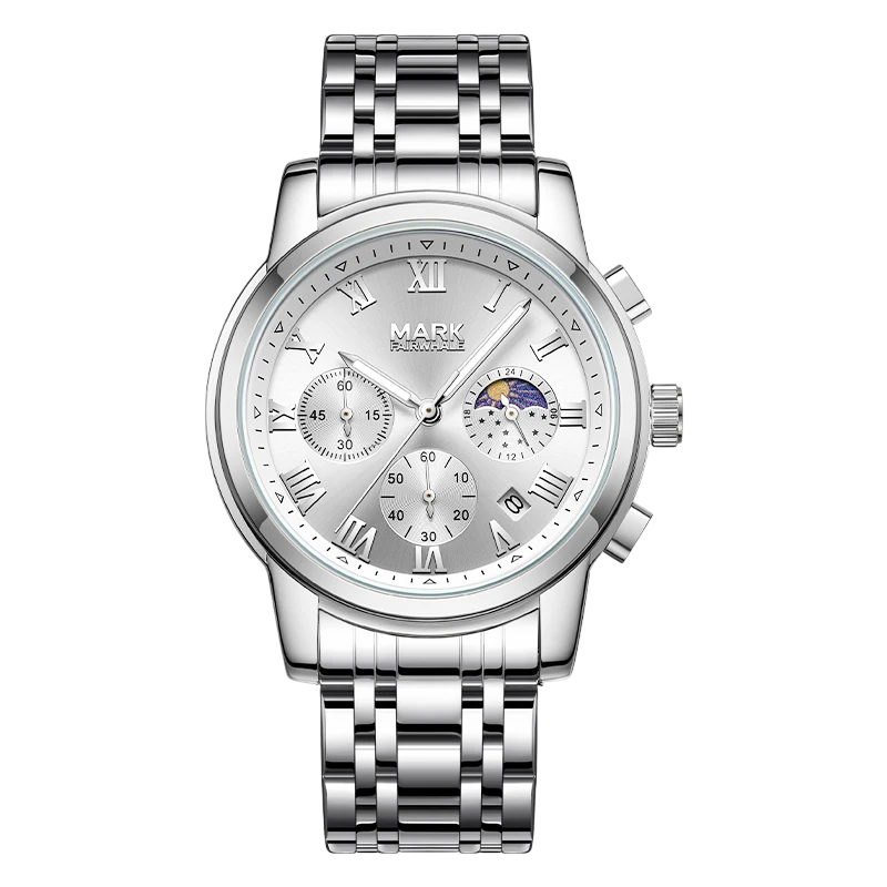 Silver wristwatch with detailed face on a white background