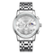 Silver wristwatch with detailed face on a white background