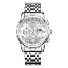 Silver wristwatch with detailed face on a white background