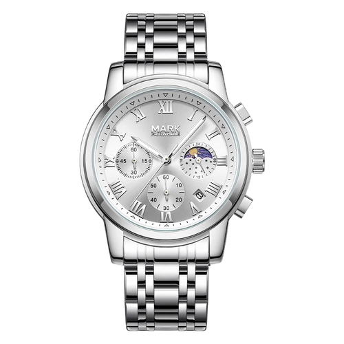 Silver wristwatch with detailed face on a white background