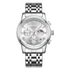 Silver wristwatch with detailed face on a white background