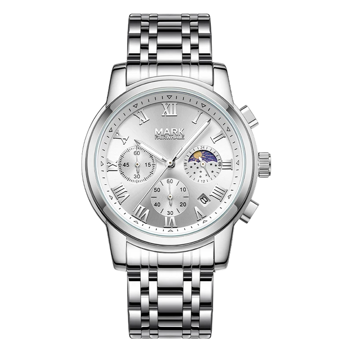 Silver wristwatch with detailed face on a white background