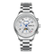 Silver wristwatch with detailed face on a white background
