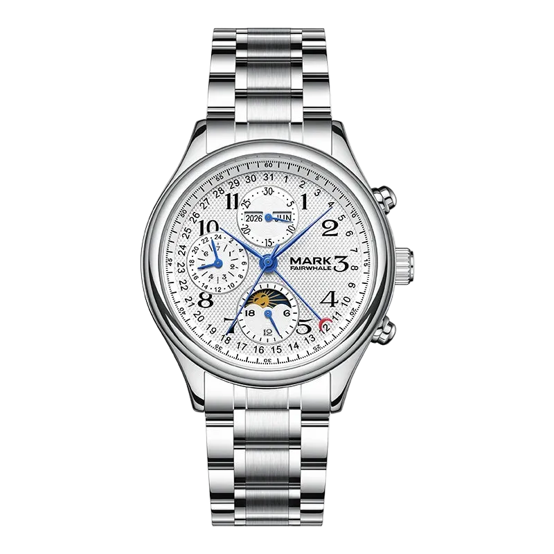 Silver wristwatch with detailed face on a white background