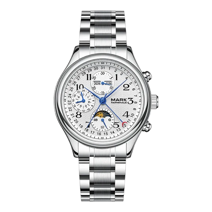 Silver wristwatch with detailed face on a white background