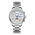 Silver wristwatch with detailed face on a white background